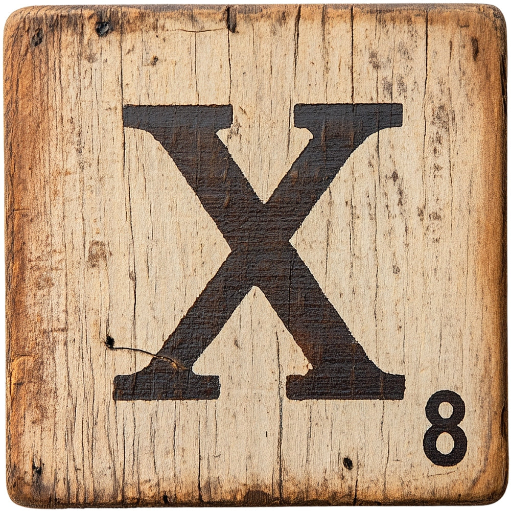 Wood Letter X Blocks Fabric Panel featuring a rustic, weathered wood design with black letter X and number 8 detail.