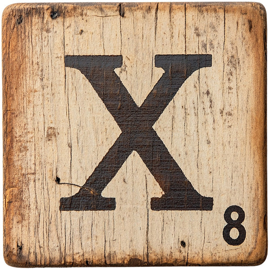 Wood Letter X Blocks Fabric Panel featuring a rustic, weathered wood design with black letter X and number 8 detail.