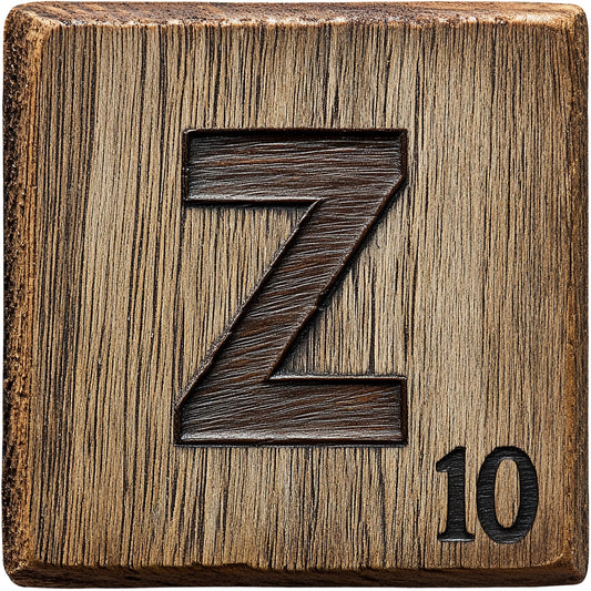 Wood Letter Z Blocks Fabric Panel featuring rustic carved letter Z on textured wood block with number 10 in corner.