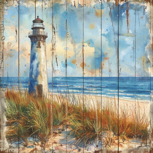 Wooden Lighthouses Fabric Panel 1 featuring a detailed lighthouse by the beach with dunes and blue sky on premium quilting cotton.