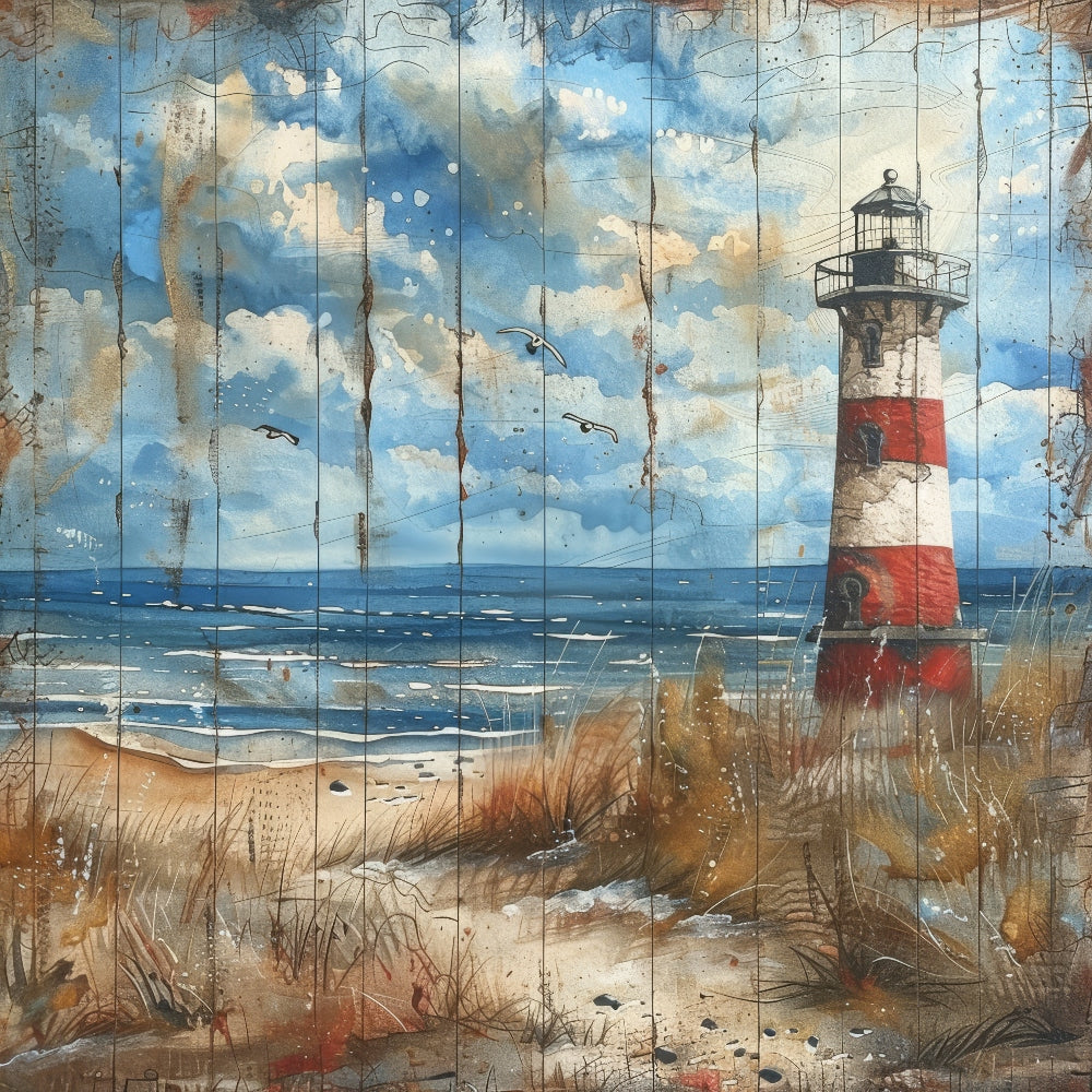 Wooden Lighthouses Fabric Panel 2 features a coastal scene with a red and white striped lighthouse and seagulls over the ocean.