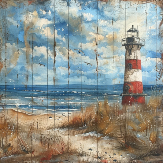 Wooden Lighthouses Fabric Panel 2 features a coastal scene with a red and white striped lighthouse and seagulls over the ocean.