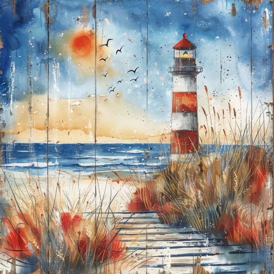 Wooden Lighthouses Fabric Panel 3 featuring a coastal scene with a red and white lighthouse, ocean, birds, and grasses at sunset.
