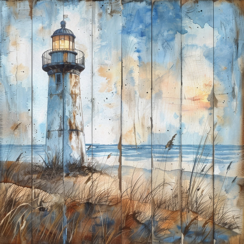 Wooden Lighthouses Fabric Panel 4 features a rustic painted lighthouse by the shore on premium quilting cotton fabric printed in the USA.