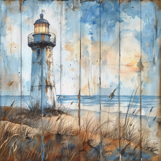 Wooden Lighthouses Fabric Panel 4 features a rustic painted lighthouse by the shore on premium quilting cotton fabric printed in the USA.