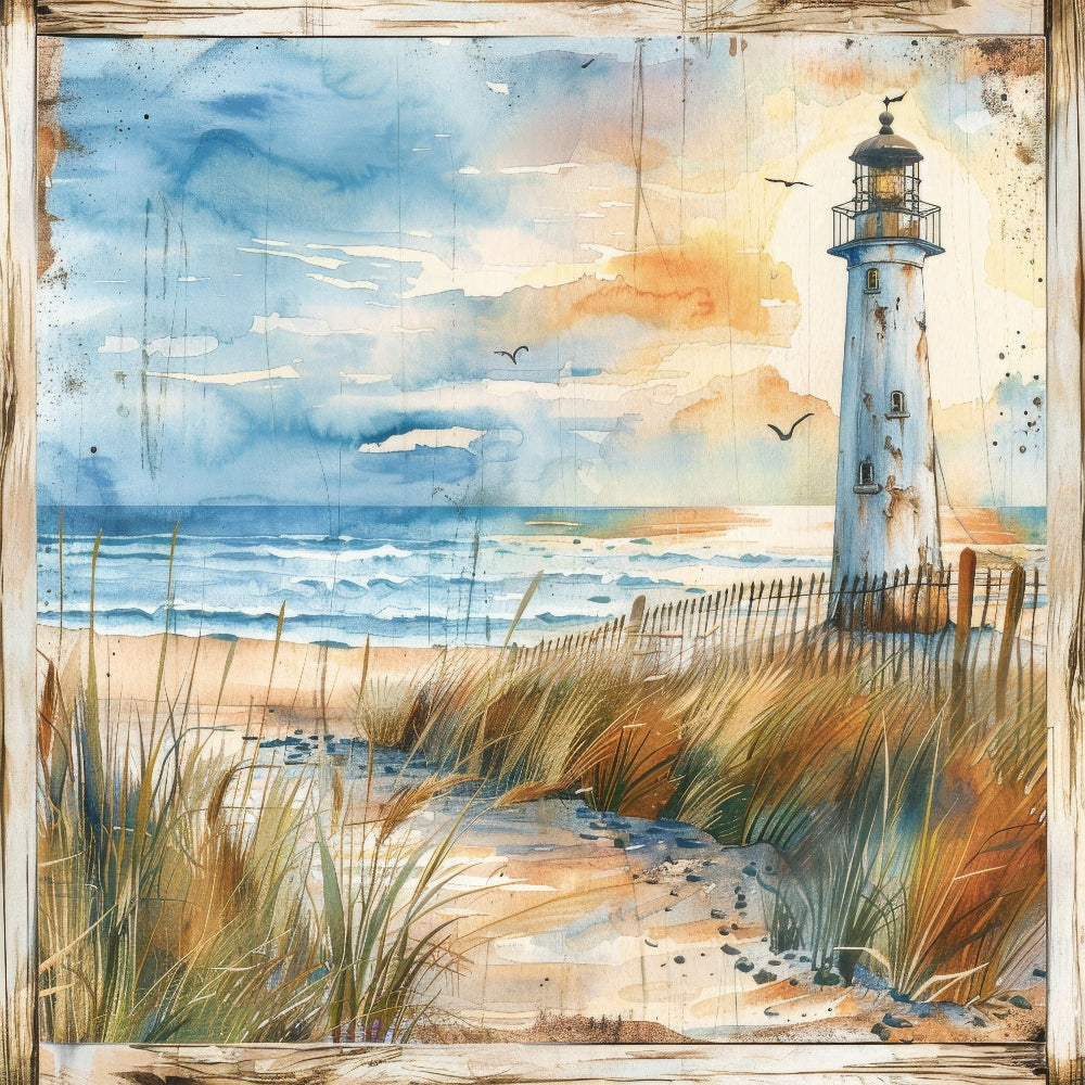 Wooden Lighthouses Fabric Panel 5 shows a coastal lighthouse scene with beach grass and ocean waves on premium quilting cotton.