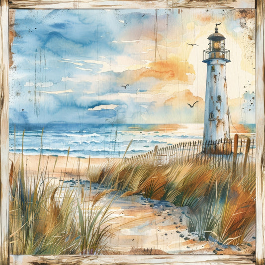Wooden Lighthouses Fabric Panel 5 shows a coastal lighthouse scene with beach grass and ocean waves on premium quilting cotton.