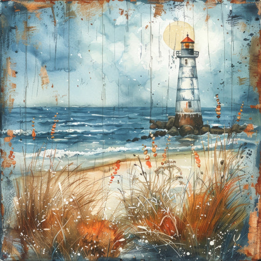 Wooden Lighthouses Fabric Panel 6 featuring a vintage style lighthouse by the ocean with grasses in foreground on premium quilting cotton.