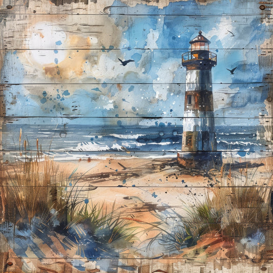 Wooden Lighthouses Fabric Panel 7 showing a painted lighthouse on a beach with waves, grass, and cloudy blue sky on premium quilting cotton.