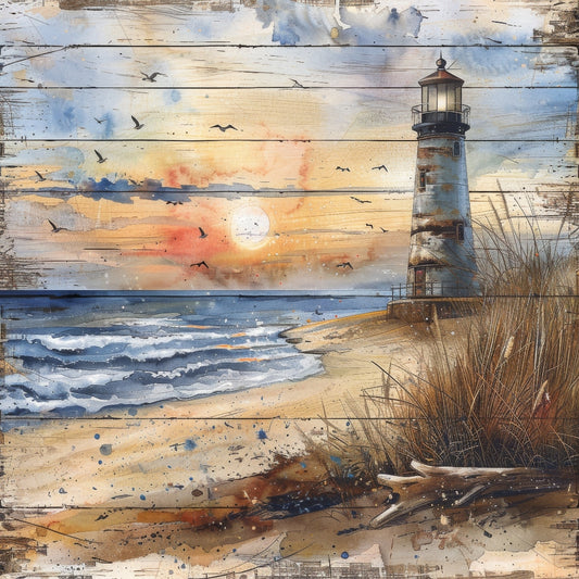 Wooden Lighthouses Fabric Panel 8 depicting a vintage lighthouse at sunset on a sandy beach with ocean waves and seagulls.