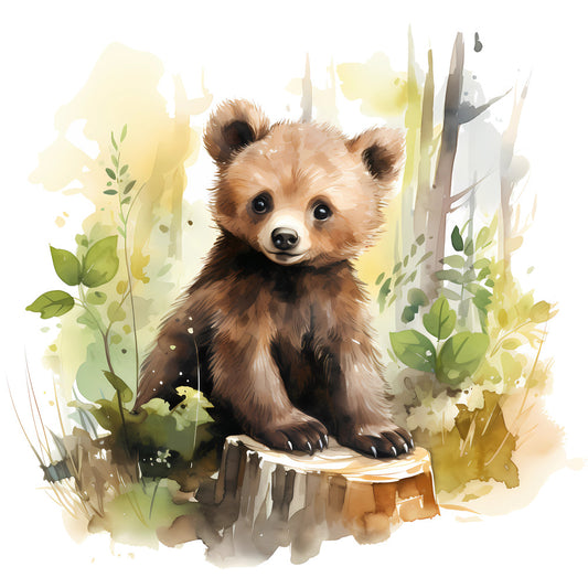 Woodland Baby Bear 2 Fabric Panel featuring a detailed watercolor-style illustration of a cute baby bear in a forest setting.