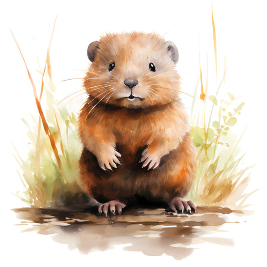 Woodland Baby Beaver 1 Fabric Panel featuring a detailed, hand-painted style beaver in natural woodland colors.
