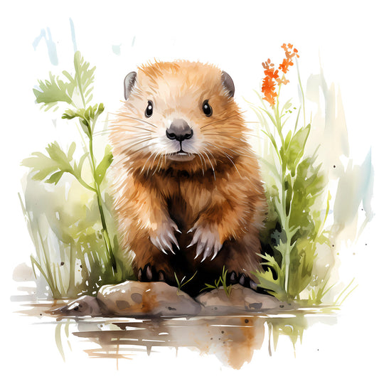 Illustration of a baby beaver in nature surrounded by plants, featured on Woodland Baby Beaver 2 Fabric Panel.