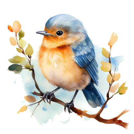 Woodland Baby Bird 1 Fabric Panel features a detailed watercolor baby bird perched on a leafy branch in soft natural tones.