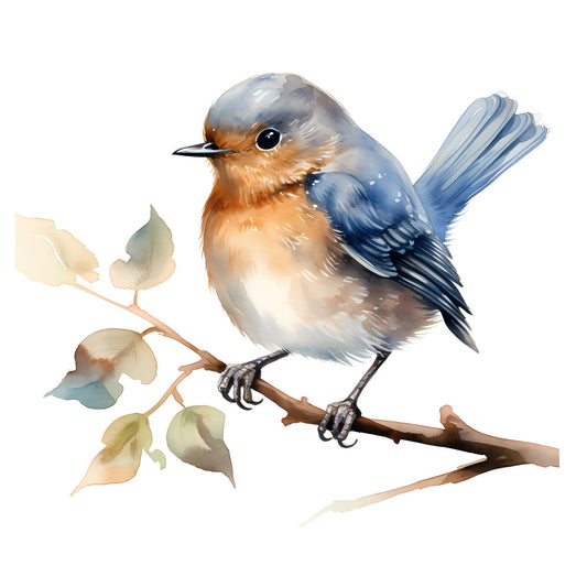 Woodland Baby Bird 2 Fabric Panel featuring a detailed watercolor style baby bird perched on a branch with soft pastel leaves.