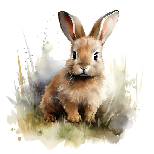 Woodland Baby Bunny 3 Fabric Panel featuring a detailed watercolor-style baby bunny in soft natural tones on quilting cotton fabric.