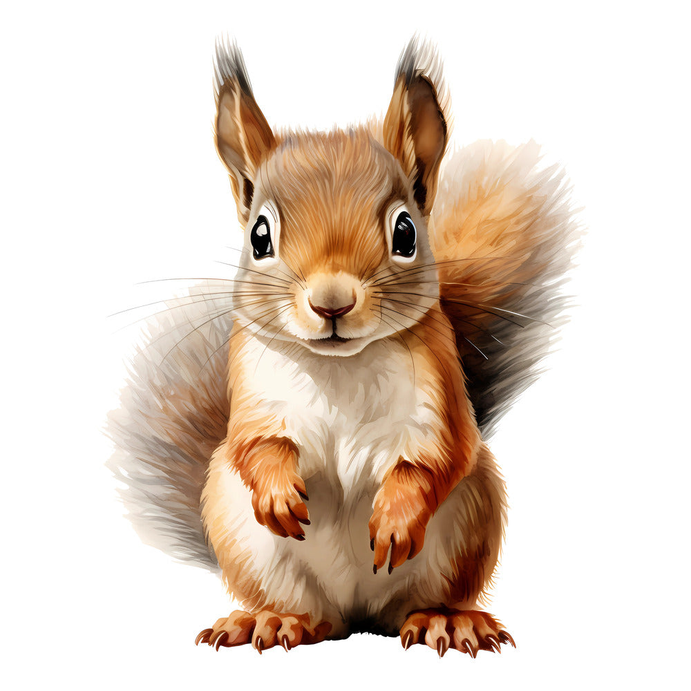 Woodland Baby Squirrel 2 Fabric Panel featuring a detailed, realistic illustration of a baby squirrel in warm brown tones.