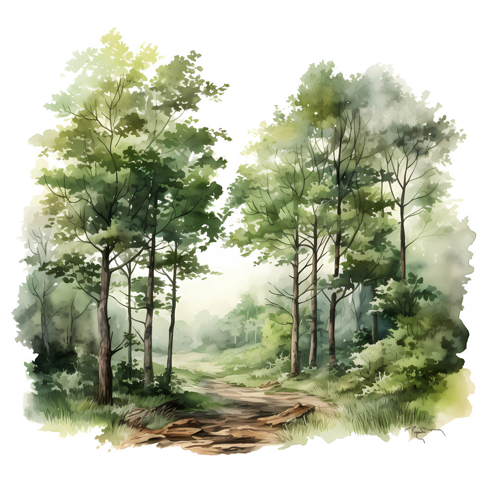Woodland Forest Scene 1 Fabric Panel showing a detailed watercolor of a lush green forest path printed on premium quilting cotton