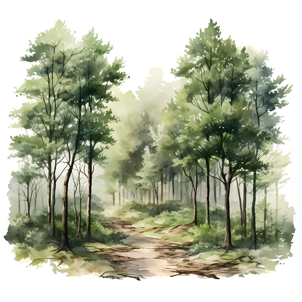 Woodland Forest Scene 2 Fabric Panel featuring a serene green forest path printed on premium 100% quilting cotton fabric.