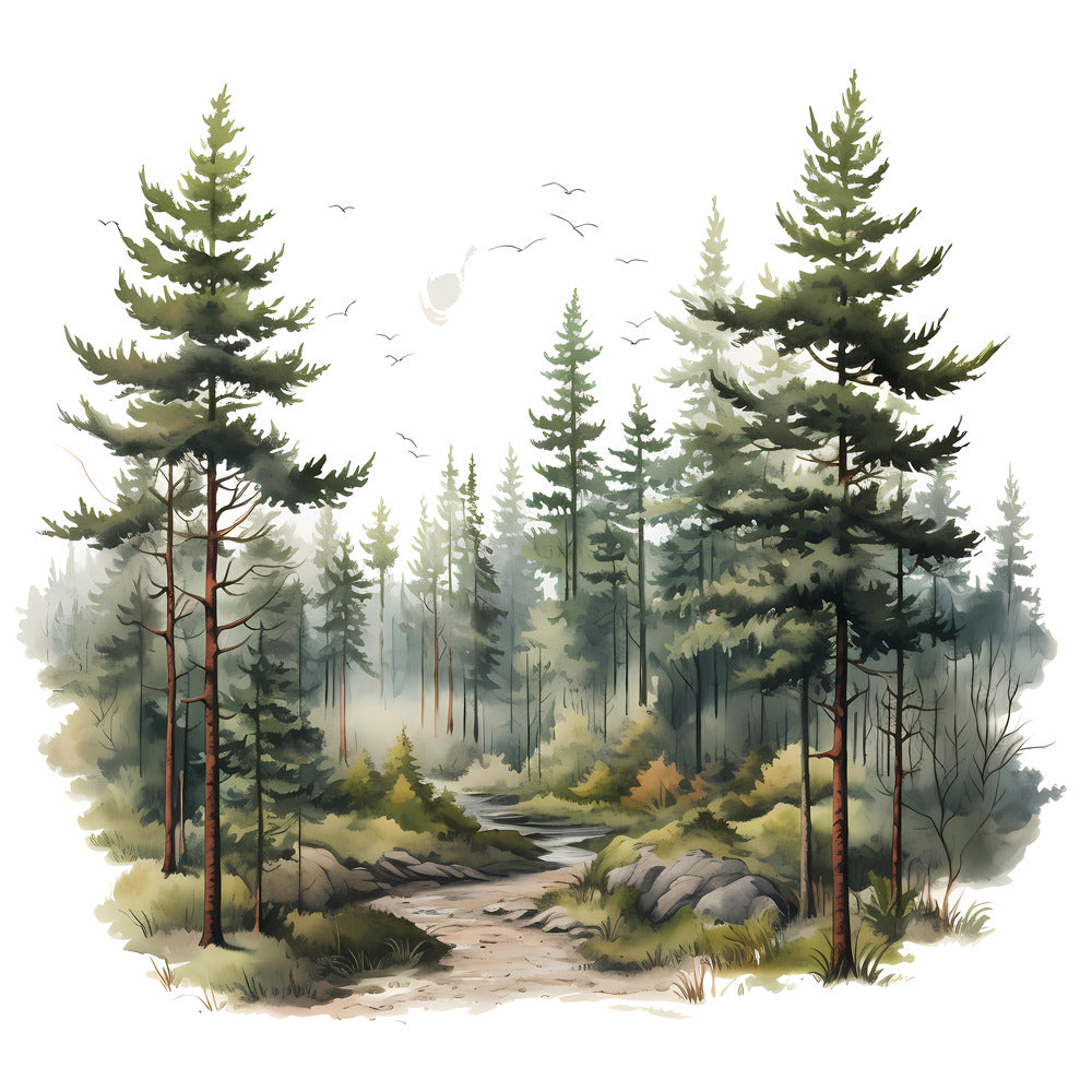 Woodland Forest Scene 3 Fabric Panel depicting a serene forest path with pine trees and mist, printed on premium quilting cotton.