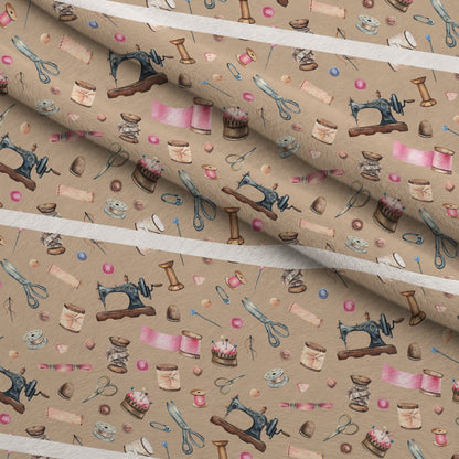 Brown Old Sewing Elements Minky Fabric