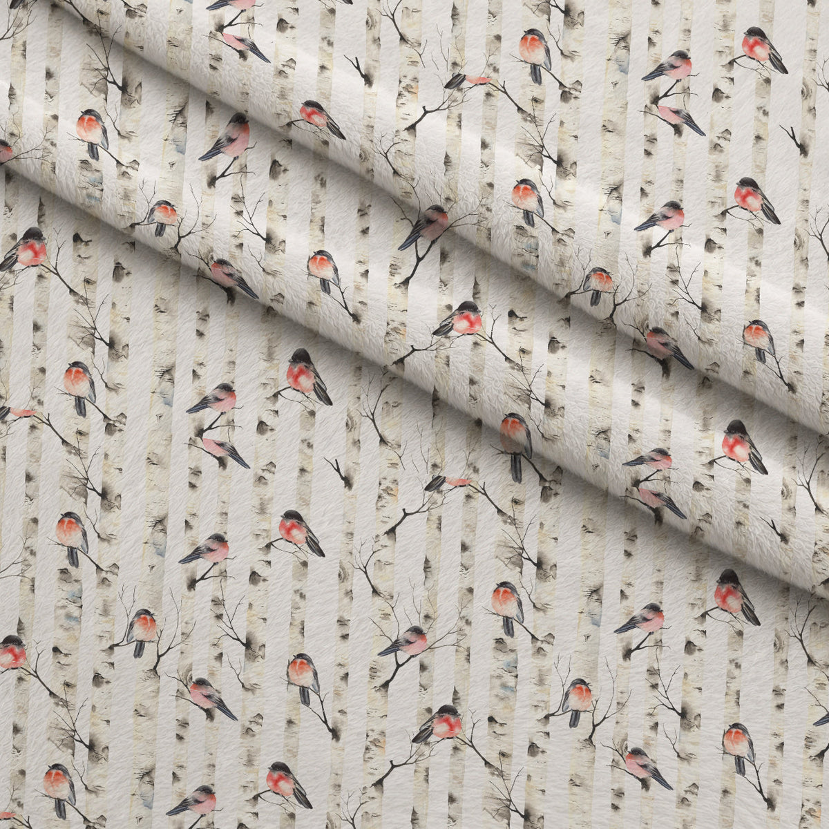 Bullfinches on Birch Trees Minky Fabric