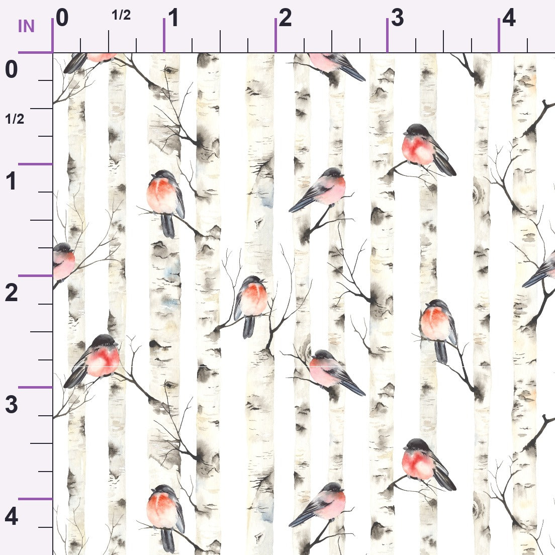 Bullfinches on Birch Trees Minky Fabric