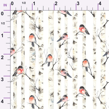 Bullfinches on Birch Trees Minky Fabric