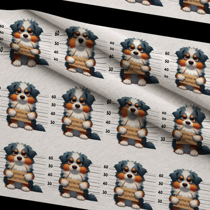 Doggie Mugshots Australian Shepherd Pattern Minky Fabric