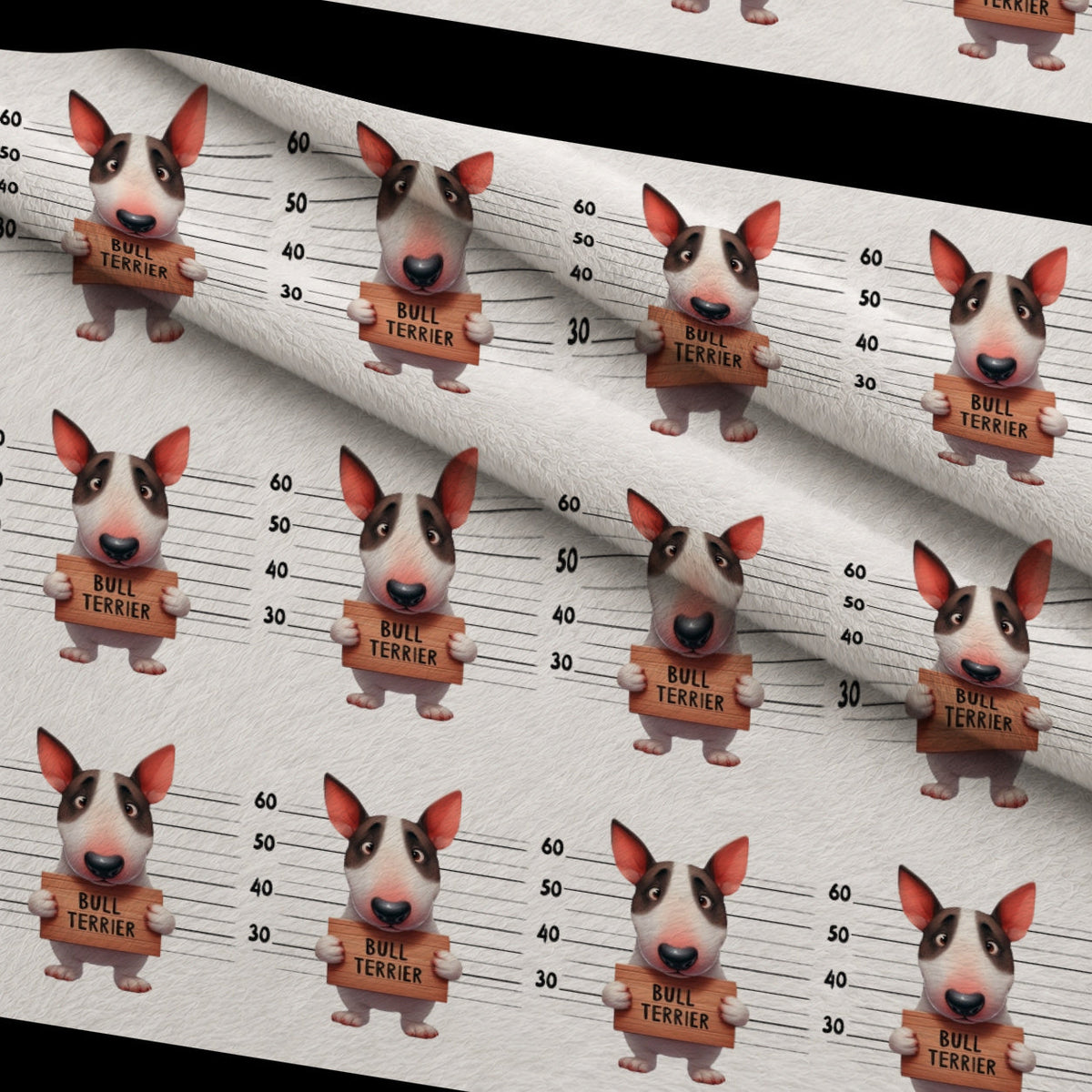 Doggie Mugshots Bull Terrier Pattern Minky Fabric