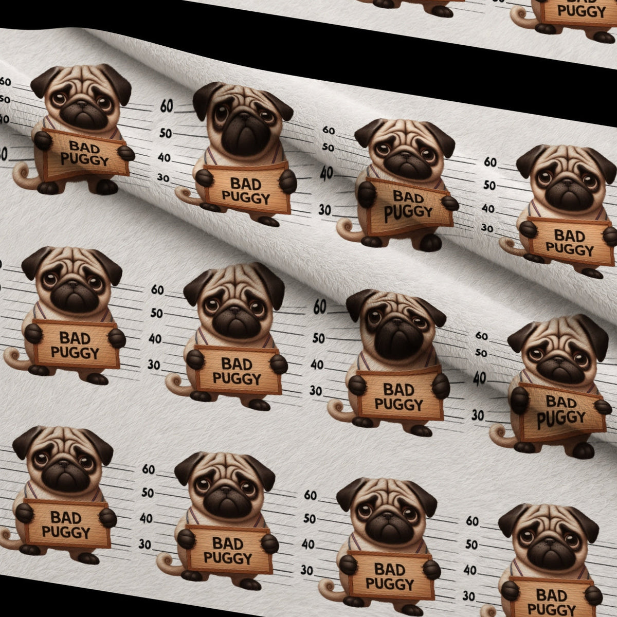 Doggie Mugshots Pug Pattern Minky Fabric