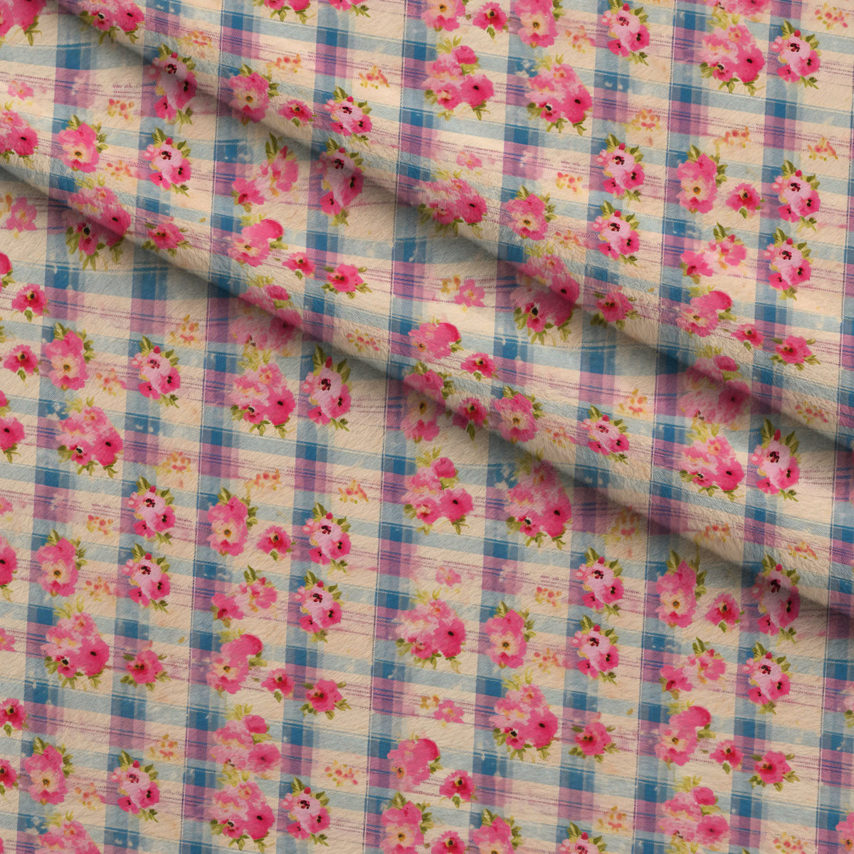 Faded Gingham Blooms Pattern 2 Minky Fabric