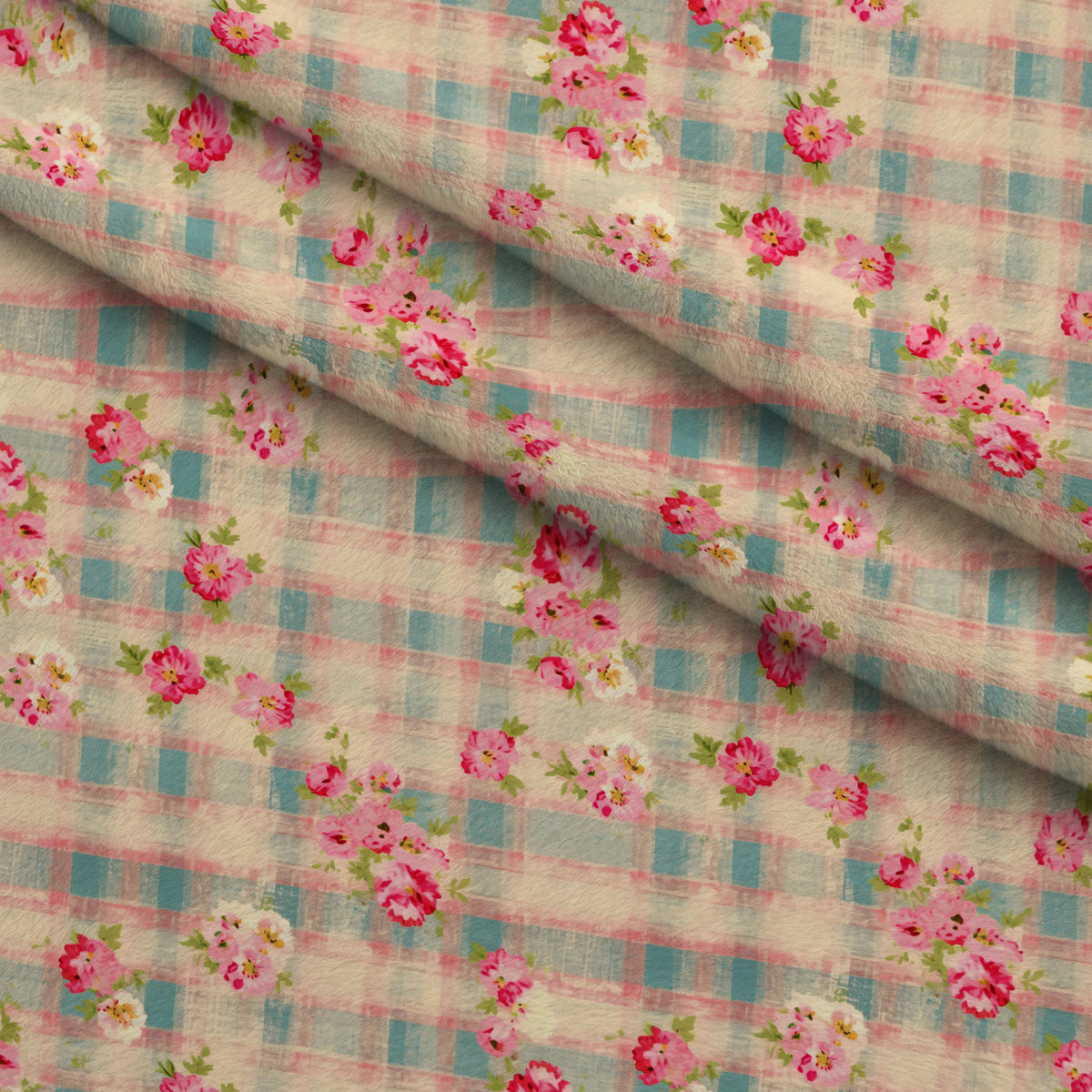 Faded Gingham Blooms Pattern 20 Minky Fabric