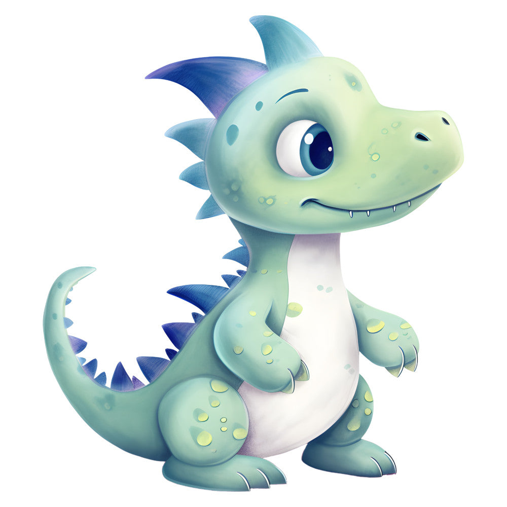 dinosaur, dragon, cute animal, fantasy creature, mint green, pale green, soft blue, navy blue, lavender purple, pale yellow, whimsical, playful, children's, baby, nursery, adorable, smiling face, spikes, spotted pattern, scaly texture, gentle expression, friendly, storybook style, illustration art, kids design, toddler, soft colors, pastel, magical creature, illustration panel