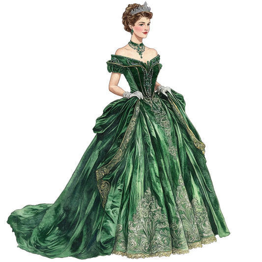 forest green, emerald green, sage green, gold embroidery, ornate, vintage, royal, elegant, victorian, renaissance, ball gown, formal wear, historical, aristocratic, tiara, crown, formal dress, evening gown, off-shoulder, period costume, classic, traditional, regal, majestic, ornamental embellishment, damask, baroque, corset bodice, dramatic skirt, train