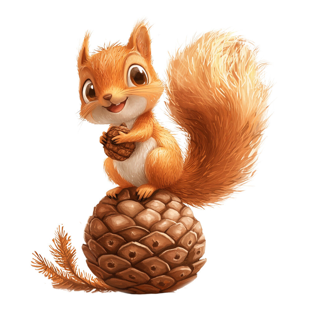 orange, brown, white, cream, squirrel, cute animal, woodland creature, pine cone, evergreen branch, cartoon style, whimsical, cheerful, fabric panel, quilting cotton, nature theme, forest animal, adorable character, warm tones, children's fabric, craft material
