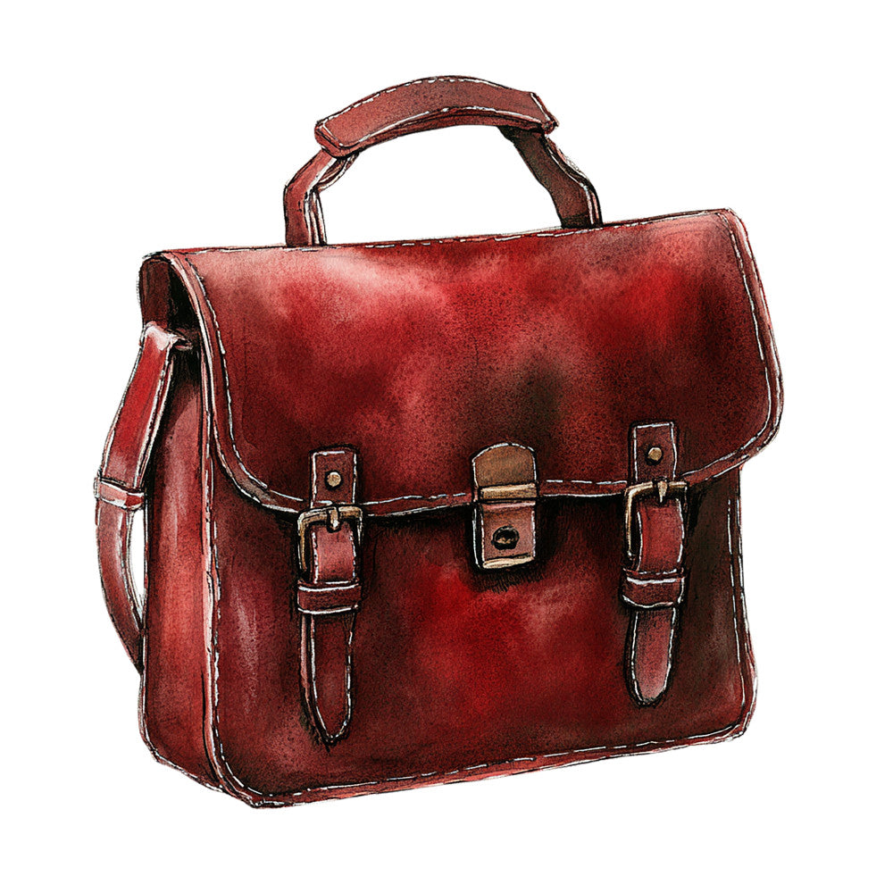 burgundy, crimson, deep red, brown leather, vintage briefcase, satchel bag, buckles, straps, watercolor style, illustration, fabric panel, quilting cotton, briefcase design, leather goods, vintage accessories, hand-painted effect, rich colors, rectangular bag, handle straps, antique style