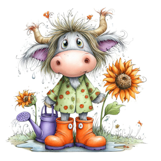 whimsical cow, cute animals, farmhouse, spring, garden, sunflowers, orange boots, purple watering can, pastel colors, soft colors, children's fabric, baby quilt, character panel, adorable, folk art, cottage core, nature themed, flowers, gardening, rain boots, playful, gentle colors, sage green, orange accents, purple accents, illustrative, storybook, sweet animals, rural theme, cheerful