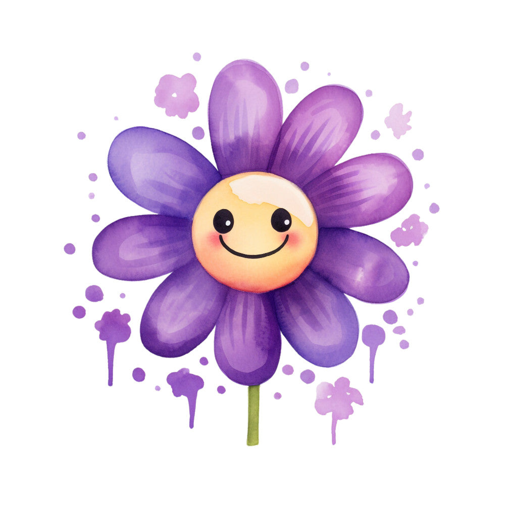 purple flower, smiling face, cartoon style, cheerful flower, purple petals, yellow center, green stem, watercolor style, paint splatter, whimsical design, fabric panel, quilting cotton, cute character, happy expression, floral motif, children's fabric, nursery theme, bright colors, artistic splashes, kawaii style