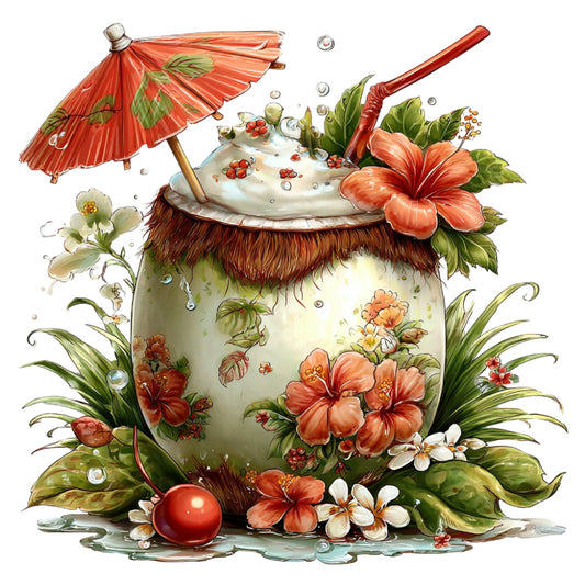 tropical, hibiscus, coral pink, cream, sage green, brown, whimsical, floral, nature, summer, beach, botanical, vintage, parasol, decorative straw hat, cocktail, tiki, island, ornamental flowers, delicate, elegant, romantic, hand-painted, illustration, novelty, home decor, wall hanging, quilting panel, spring, white flowers