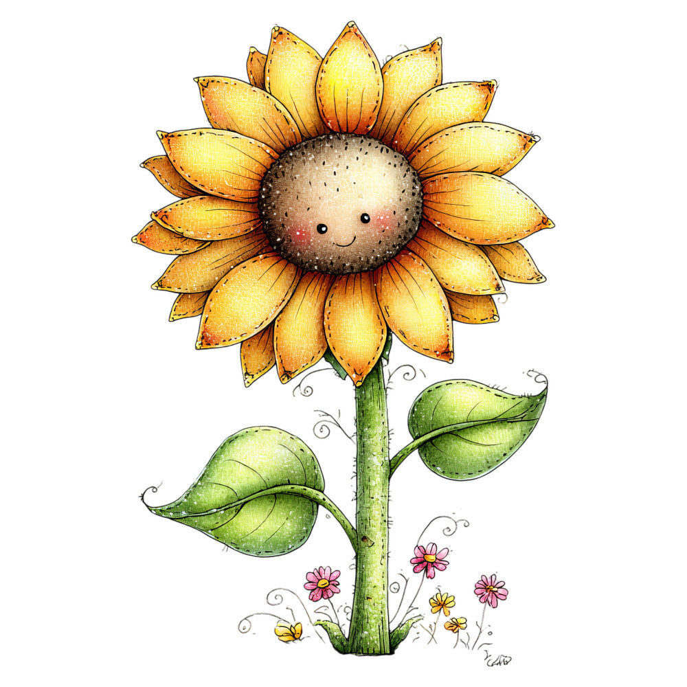 sunflower, yellow, golden yellow, cream, sage green, pink, hot pink, floral, nature, botanical, whimsical, cute, cheerful, smiling face, anthropomorphic, spring, summer, garden, children's, kids, playful, illustration, watercolor, detailed petals, leaves, small flowers, cottage core, folk art, hand-drawn, artistic