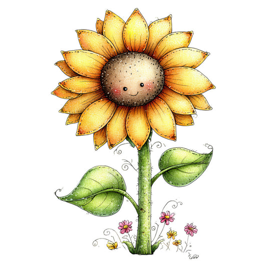 sunflower, yellow, golden yellow, cream, sage green, pink, hot pink, floral, nature, botanical, whimsical, cute, cheerful, smiling face, anthropomorphic, spring, summer, garden, children's, kids, playful, illustration, watercolor, detailed petals, leaves, small flowers, cottage core, folk art, hand-drawn, artistic