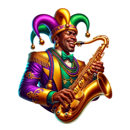 purple, gold, green, saxophone, jester hat, mardi gras, musician, colorful beads, ornate costume, jazz music, festive character, fabric panel, quilting cotton, carnival theme, new orleans style, musical instrument, decorative bells, embellished jacket, cheerful expression, watercolor style