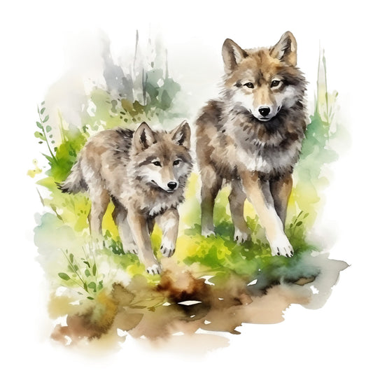 wolves, watercolor style, forest green, earth tones, brown, beige, wildlife art, nature scene, animal panel, fabric panel, quilting cotton, woodland creatures, soft brushstrokes, natural habitat, pack animals, wilderness theme, organic shapes, muted colors, artistic rendering, wolf portrait