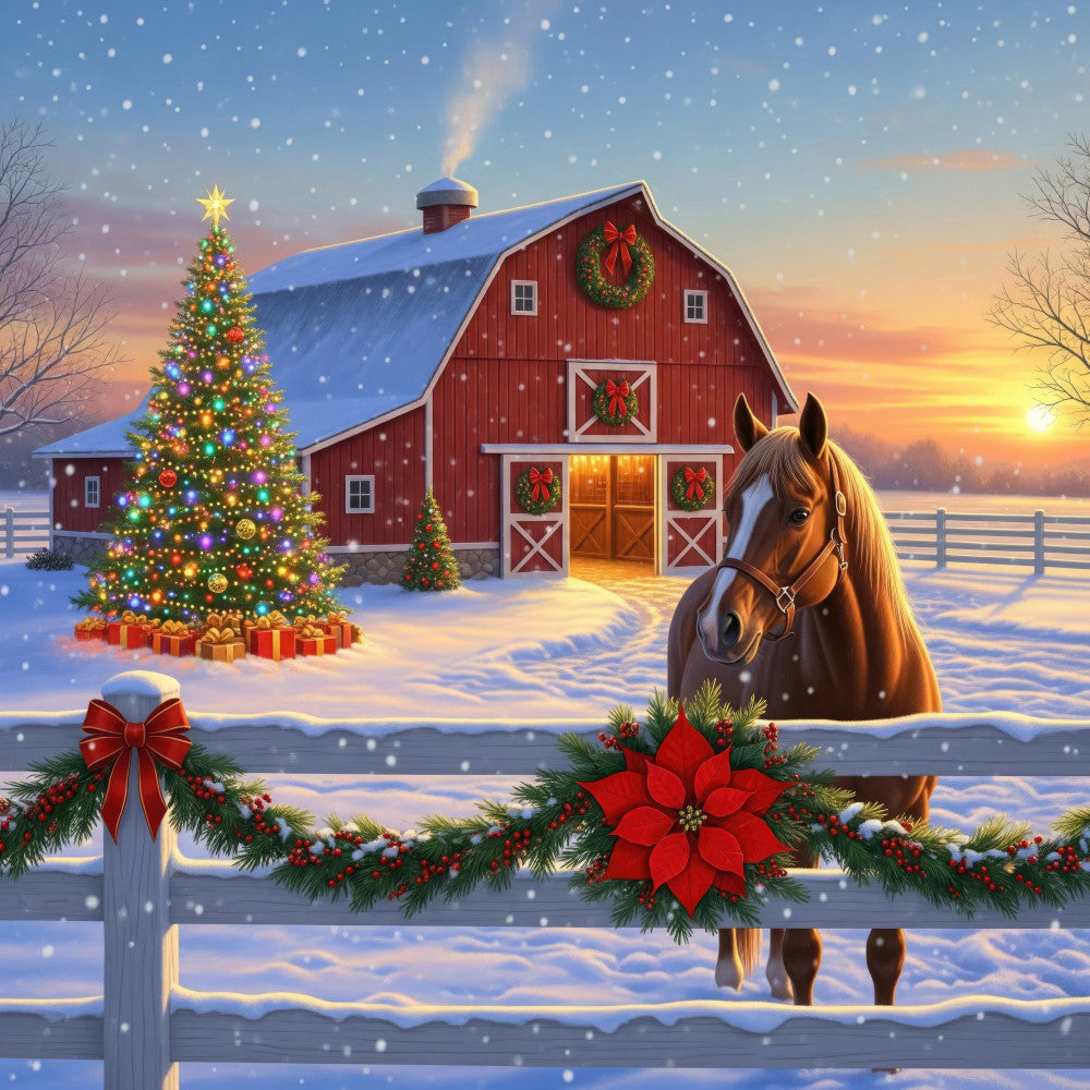 christmas, holiday, winter, farm, farmhouse, barn, red barn, horse, poinsettia, wreath, christmas tree, snow, snowy, golden hour, sunset, rustic, traditional, festive, rural, countryside, cream, gold, red, deep red, forest green, blue, warm tones, seasonal, decorative, nostalgic