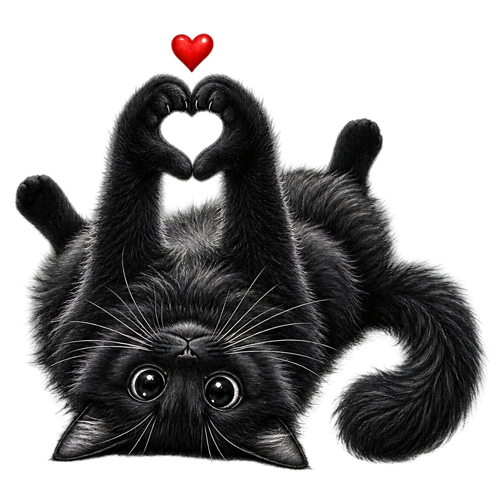 black cat, white paws, heart hand gesture, love expression, cat face, cute animals, whimsical, playful, pet lovers, animal lovers, black and white, monochrome, cat themed, feline friends, hearts, love, affection, charming, humorous, funny animals, cat panels, cat illustration, modern whimsical, expressive eyes, furry friends, valentines, love themed, cat decor, animal art
