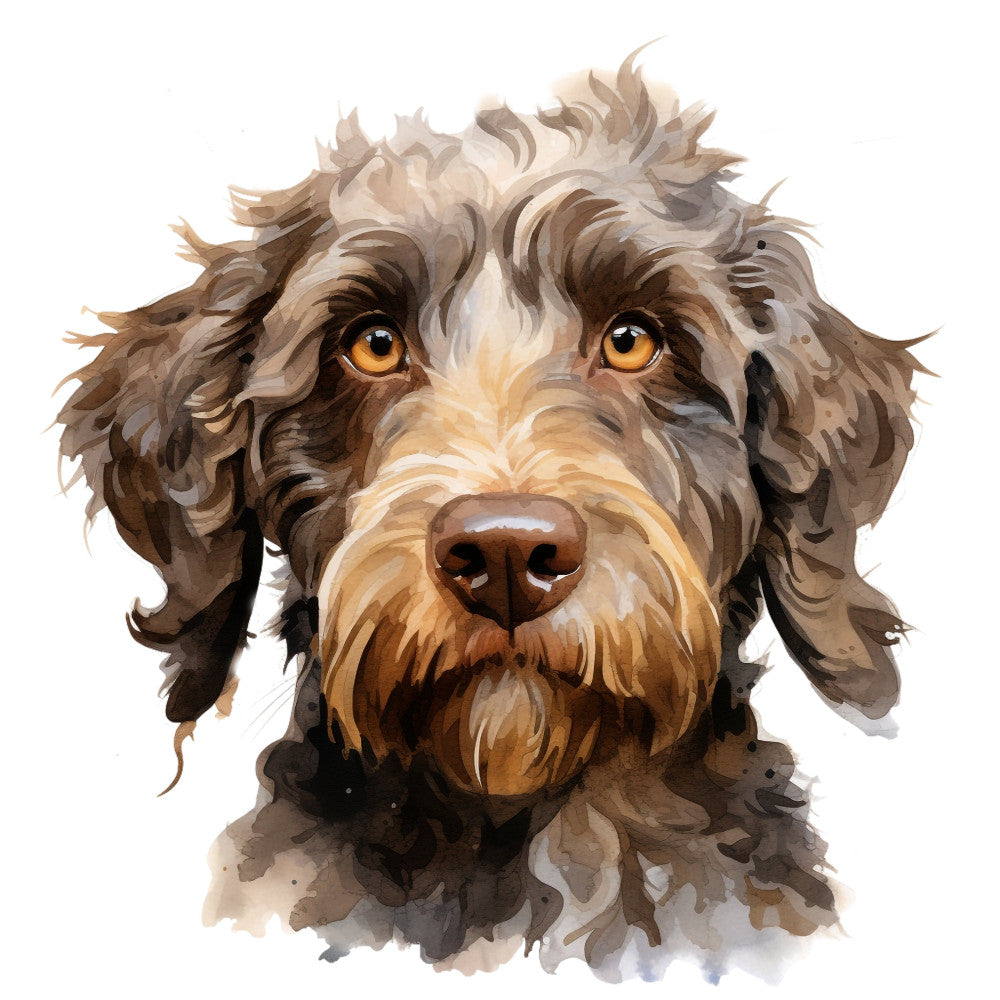 dog portrait, doodle, labradoodle, goldendoodle, spaniel, brown dog, tan dog, cream colored, chocolate brown, warm earth tones, amber eyes, expressionless face, cute dog, realistic dog, watercolor style, painted dog, animal lover, pet portrait, dog lover, whimsical, artistic, contemporary, modern illustration, home decor, wall art, novelty print, dog breed, friendly expression, gentle eyes, cozy