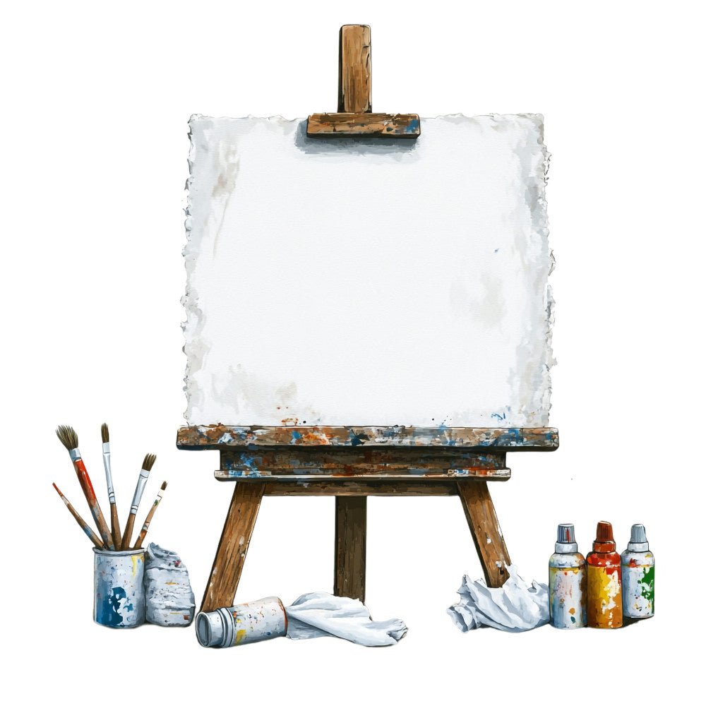 art supplies, easel, paintbrushes, paint tubes, canvas, wooden easel, artist studio, painting supplies, white canvas, brown wood, multicolored paints, creative tools, art classroom, painter's workspace, fabric panel, quilting cotton, artistic theme, studio scene, art education, craft supplies