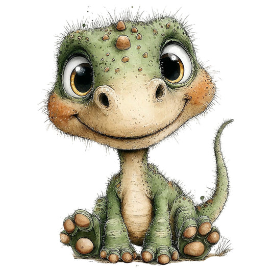 sage green, tan, cream, brown, golden yellow, cute dinosaur, whimsical, children's, baby, reptile, smiling, friendly, illustration, cartoon style, animals, nature, kids bedding, nursery, playful, quirky, charming, modern whimsical, textured, detailed artwork, juvenile, fantasy, storybook, adorable creature, soft colors, pastel