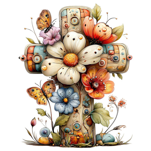 floral cross, fabric panel, butterflies, orange flowers, blue flowers, cream petals, wooden cross, quilting cotton, spring blooms, nature motifs, religious theme, decorative stitching, mixed media art, whimsical illustration, cottage core, botanical design, crafting material, patchwork elements, vintage colors, folk art style